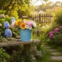 Produkt Wiaderko ozdobne, metalowe, uchwyt drewniany, doniczka, niebieskie, wys. 16 cm, 2 sztuki