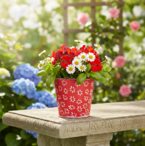 Produkt Czerwono-biała mini doniczka, wzór kwiatowy, metal, Ø10,5 cm, wys. 10,5 cm