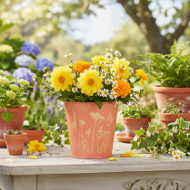 Produkt Doniczka z dekoracją kwiatową, morelowa żółć, Ø10,5cm H10,5cm