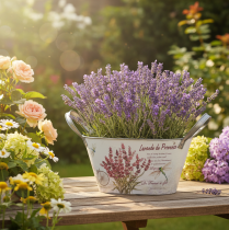 Produkt Owalna metalowa misa na kwiaty z uchwytami, lawenda, 32×15×15 cm