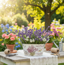 Produkt Owalna metalowa misa na kwiaty z uchwytami, lawenda, 26×13×14,5 cm