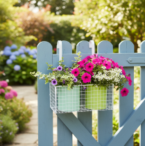 Produkt Doniczka metalowa wisząca, zielona, dekoracja balkonu, dł. 22 cm, wys. 23,5 cm