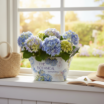 Produkt Misa na kwiaty z uchwytami, wzór hortensji, metal, 26×13×14,5 cm