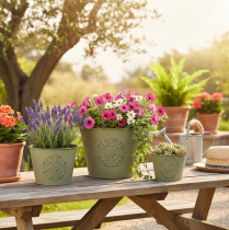 Produkt Doniczka metalowa, zielona, vintage, Ø22 cm–13,5 cm, zestaw 3 szt.