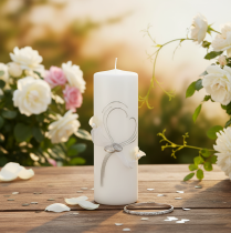 Produkt Świąteczna świeca ślubna ze stylowym wzorem serca, srebrnymi zdobieniami i wstążką z organzy – idealna na śluby i srebrne rocznice ślubu, 240/80 mm