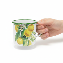 Produkt Doniczka emaliowana, dekoracyjna z gałązką cytryny, styl śródziemnomorski, Ø9,5 cm, wys. 10 cm