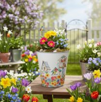 Produkt Doniczka blaszana z budkami dla ptaków, ozdoba letnia, wys. 14,5 cm Ø13,5 cm