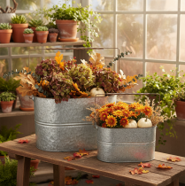 Produkt Doniczka z uchwytem, metalowa, srebrna, brązowa, wys. 22/20 cm, dł. 42/40 cm, zestaw 2 szt.