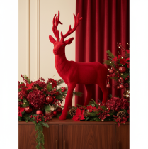 Produkt Dekoracyjna figurka stojącego jelenia, duża, flokowana ozdoba świąteczna, 85 cm