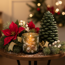 Produkt Szklany świecznik typu tealight z zimową gałązką jodły, 8 cm, 2 sztuki