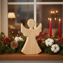 Produkt Drewniana figurka dekoracyjna anioła z jasnego naturalnego drewna, ozdoba świąteczna, 30 cm