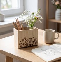 Produkt Drewniane pudełko z uchwytem na długopisy, organizer na biurko naturalny 14×8×12cm