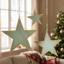 Produkt Drewniane gwiazdki do zawieszania dekoracji okiennych miętowo-złote 12/20/26cm, zestaw 3 szt