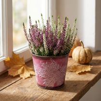 Produkt Ozdobna doniczka do sadzenia, blaszane wiadro, metalowa dekoracja z motywem liści wino czerwone Ø14cm W12,5cm
