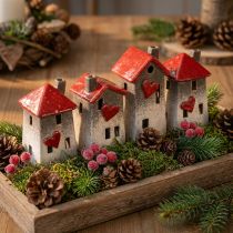 Produkt Romantyczne domy ceramiczne z motywem serca – czerwień i naturalne odcienie, 11cm – pięknie zaprojektowana dekoracja zimowa – 3 szt.