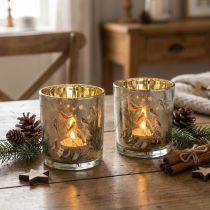 Produkt Szklany świecznik typu tealight z motywem ptaka i płatka śniegu, 8 cm, 2 sztuki