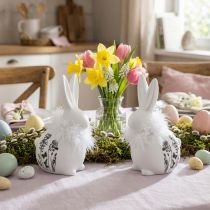 Produkt Ceramiczny Króliczek Biały Siedzący Kwiaty Pióra 9×7×14cm 2szt