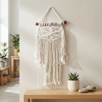 Produkt Makrama Boho, ścienna dekoracja w kolorze naturalnego kremu, 18,5 x 48 cm