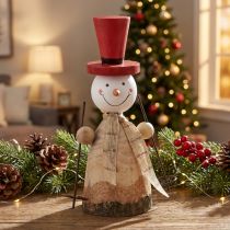 Produkt Bałwan wykonany z drewna, dekoracyjna figura z kapeluszem w kolorze czerwonym naturalnym, wys. 20,5 cm