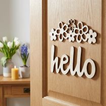 Produkt Drewniana ozdoba kwiatki "Hello" natura szyld dekoracyjny z magnesem 18/19,5cm 6szt