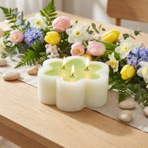 Produkt Świeca trójknotowa w kolorze zielonym o białym kształcie kwiatka Ø11,5cm W4cm