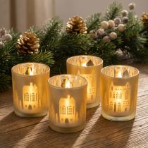 Produkt Szklany świecznik typu tealight, srebrny i złoty, panorama miasta, wysokość 12,5 cm, 4 sztuki