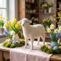 Produkt Owca dekoracyjna figura dekoracja stołu Wielkanocna biała flokowana 30×28cm