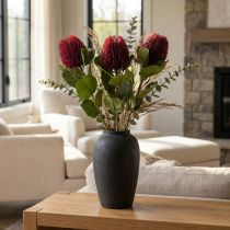Produkt Kwiaty sztuczne, Banksia, Proteaceae wino czerwone L58cm W6cm 3szt