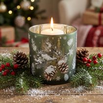 Produkt Szklany świecznik typu tealight z szyszkami i płatkami śniegu, 15 cm