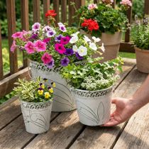 Produkt Doniczka metalowa z tłoczonym wzorem i uchwytami, biało-zielona, w stylu shabby chic, wys. 22/19,5/17,5 cm, śr. 25,5/20,5/15,5 cm, zestaw 3 szt.