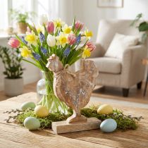 Produkt Drewniany kurczak, dekoracja wiosenna, figura wielkanocna naturalna, myta na biało wys.26cm