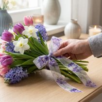 Produkt Wstążka organza, wstążka szyfonowa, tulipany papugi, fioletowa, 40 mm, 18 m