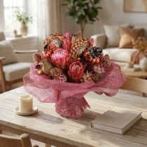 Produkt Mieszanka suszonych kwiatów: Protea różowa, karczoch, mak, dekoracja naturalna, 38 cm, 580 g