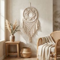 Produkt Łapacz snów w makramie, kremowy, boho, ręcznie robiony, 29×72 cm, do salonu i sypialni