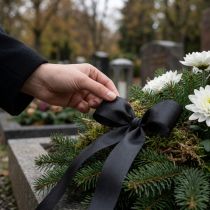 Produkt Wstążka prezentowa czarna żałobna z kwiatowym motywem dekoracyjnym 15mm 50m