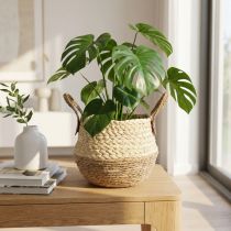 Produkt Dwukolorowy kosz z trawy morskiej z uchwytami – kosz do przechowywania i sadzenia – naturalny i brązowy, Ø25 cm, wys. 24 cm