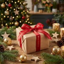 Produkt Wstążka bożonarodzeniowa czerwona ze złotym napisem Merry Christmas, szerokość 25mm, długość 20m