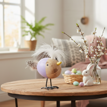 Produkt Dekoracyjny drewniany ptak z piórami i kolorowym korpusem do dekoracji stołu, 10cm, 6 sztuk