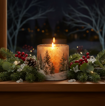 Produkt Szklany świecznik typu tealight z zimowym lasem w śniegu, dekoracja świąteczna, 20 cm