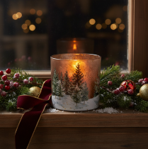 Produkt Szklany świecznik typu tealight z motywem lasu jodłowego, zimowa dekoracja, 15 cm