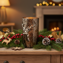 Produkt Szklany świecznik typu tealight z głową jelenia i reliefami drzew, zimowa dekoracja, 26 cm