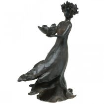 Ptasie dziecko kwiatowe do kąpieli, metalowa figura ogrodowa, dziewczyna w kwiecistej sukience w kolorze antracytowym, brązowy antyczny wygląd wys. 56,5 cm