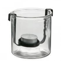 Szklana latarnia z uchwytem na tealight, czarny metal Ø9×H10cm