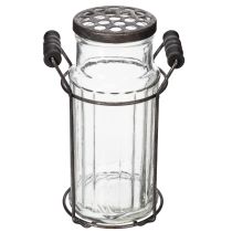 Produkt Szklana butelka w metalowym koszyku, idealna jako element dekoracyjny w salonie, 20 cm