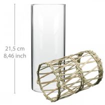 Szklany wazon walec pleciony z traw wazon dekoracyjny Ø8cm W21,5cm