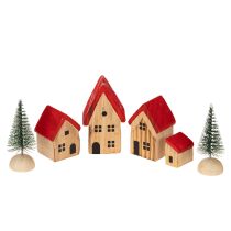 Produkt Drewniany zestaw dekoracyjnych domków z czerwonymi dachami i jodłami, 12 cm, 6 elementów
