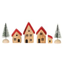 Produkt Drewniany zestaw dekoracyjnych domków z czerwonymi dachami i jodłami, 12 cm, 6 elementów