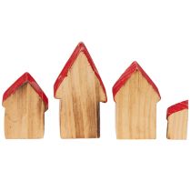 Produkt Drewniany zestaw dekoracyjnych domków z czerwonymi dachami i jodłami, 12 cm, 6 elementów