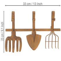 Produkt Wieszak na narzędzia ogrodnicze, ozdoby ogrodowe, grabie, łopatę i motykę; metalowy wieszak na ubrania wykonany z zardzewiałego metalu, dł. 33,5 cm