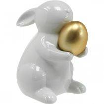 Królik ze złotym jajkiem ceramika, dekoracja wielkanocna elegancka biała, złota W15cm